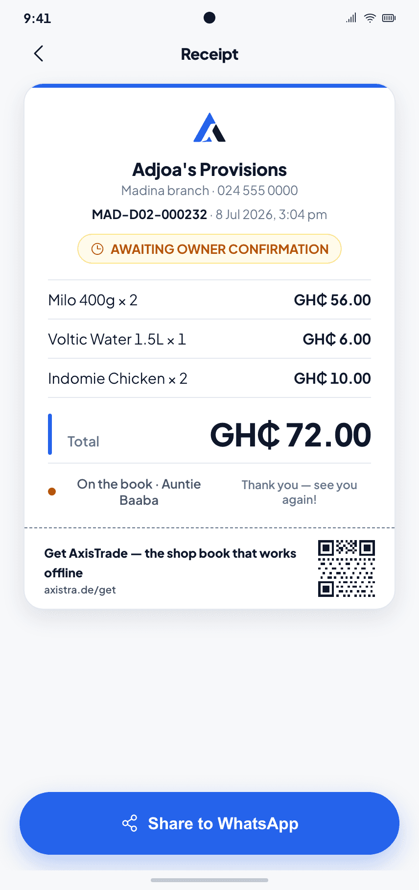 The receipt your customer gets: itemised, with a QR code that links to getaxistrade.com