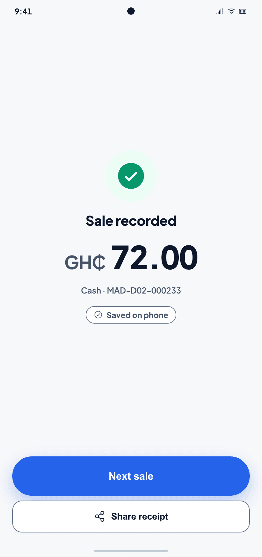 Sale recorded: GH₵ 72.00 cash, receipt MAD-D02-000233, saved on this phone