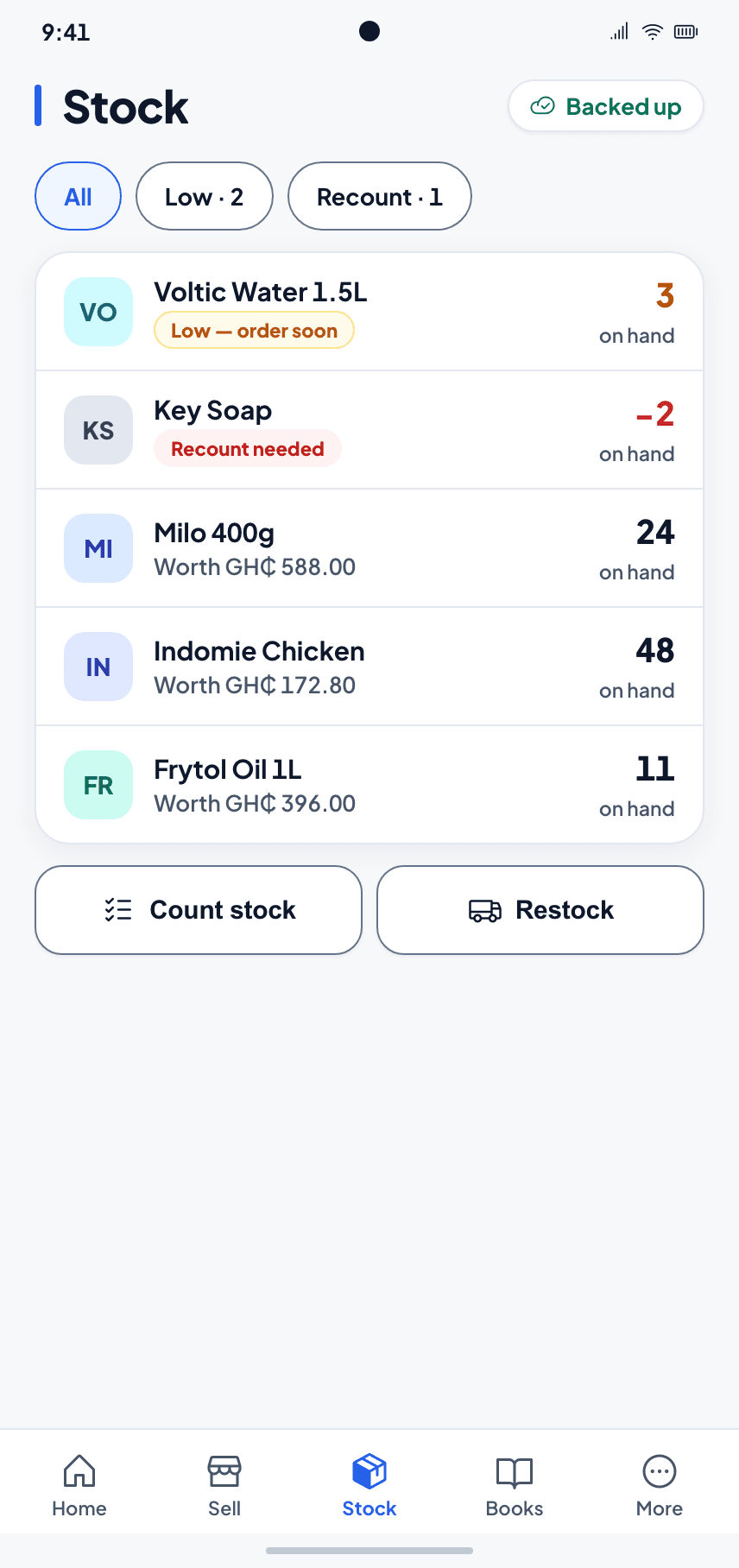 Stock at Madina: Voltic Water marked low and to be ordered soon, Key Soap at −2 needing a recount, Milo 400g with 24 on hand, and buttons to count stock or restock
