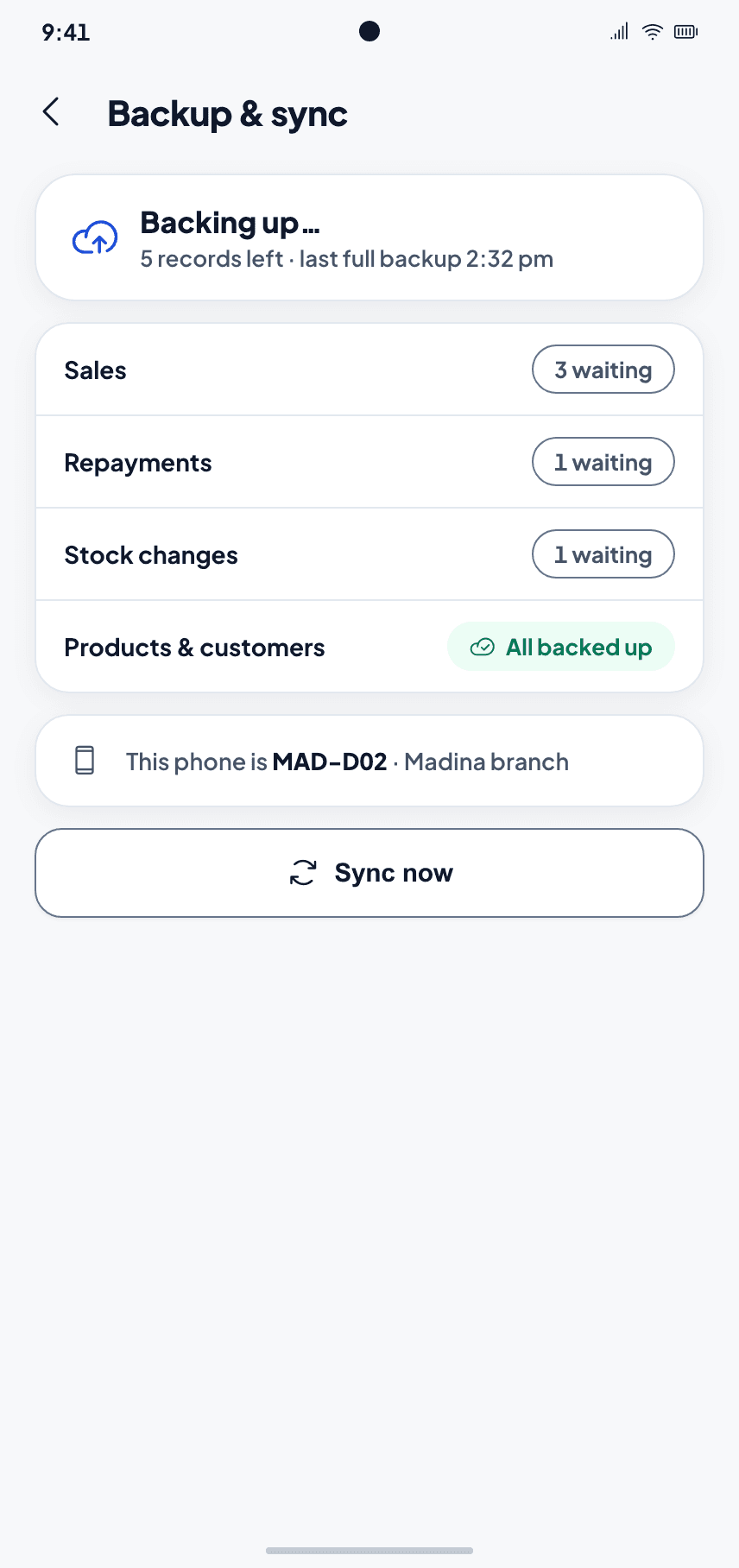 Sync status: sales saved on the phone, waiting to sync